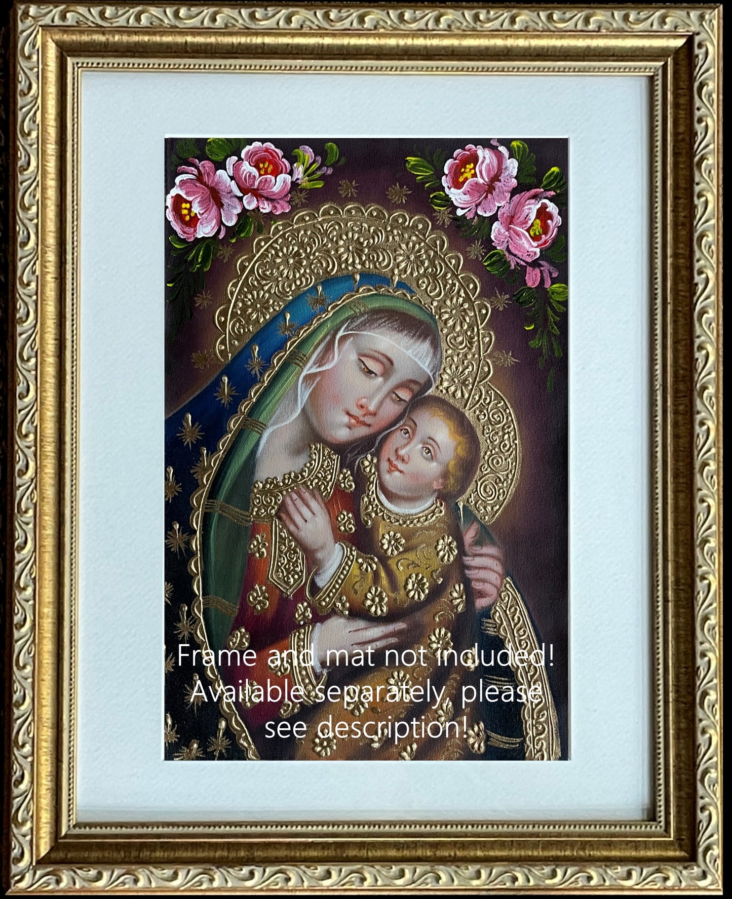 Madonna and Child Original Painting Oil on Canvas Cusco School 7 3/8 x 11 1/4 CS52514