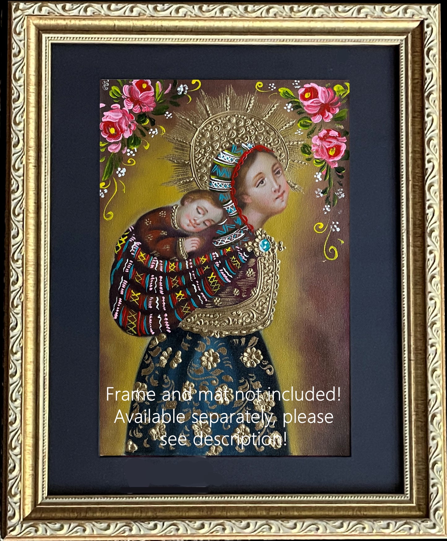 Madonna and Child Original Painting Oil on Canvas Cusco School 7 3/8 x 11 1/4 CS52520