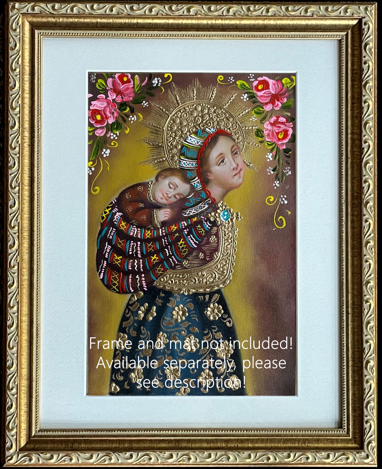 Madonna and Child Original Painting Oil on Canvas Cusco School 7 3/8 x 11 1/4 CS52520