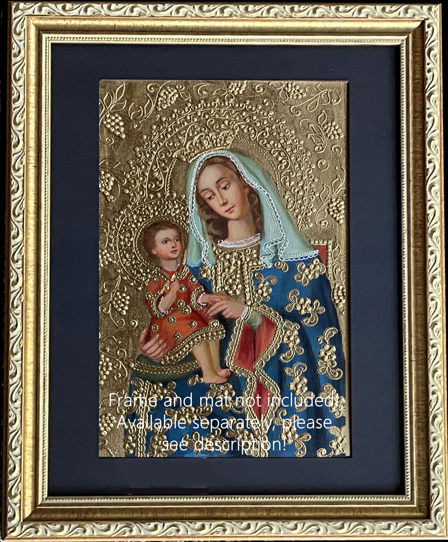 Madonna and Child Original Painting Oil on Canvas Cusco School 7 3/8 x 11 1/4 CS52521