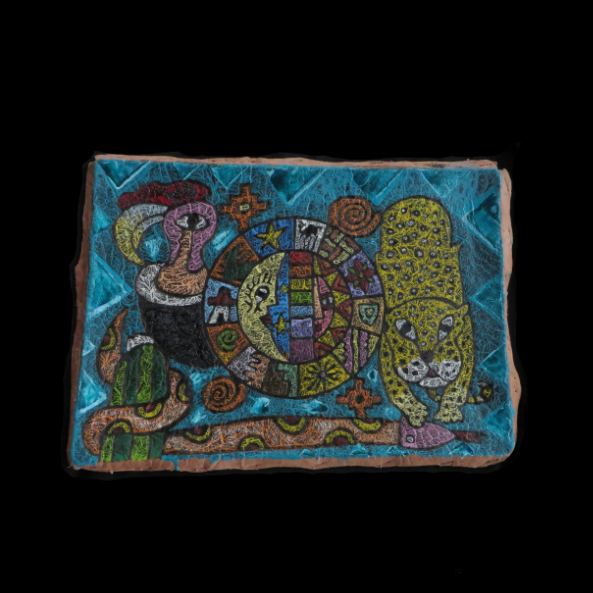 Shaman Painting on Leather Peru Sacred Valley Inca Calendar Condor Jaguar Snake 13 1/2 x 9 1/2