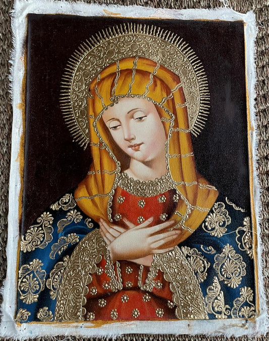 Virgin Mary Original Painting Oil on Canvas Cusco School 11 1/2 x 15 1/2 CS52542 - Shaman Things