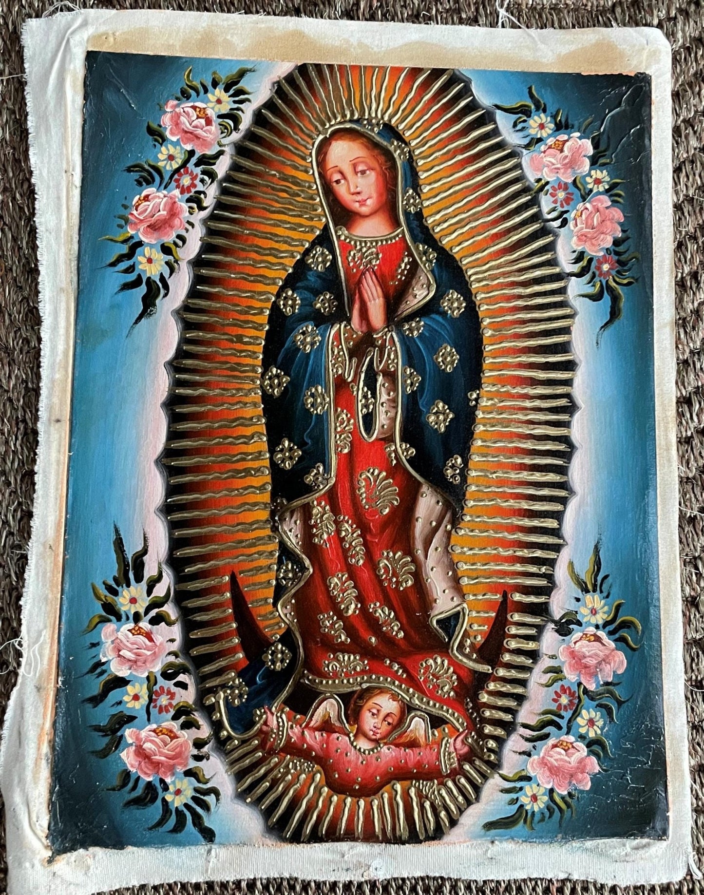 Virgin of Guadalupe Original Painting Oil on Canvas Cusco School 12 x 15 1/2 CS52535 - Shaman Things