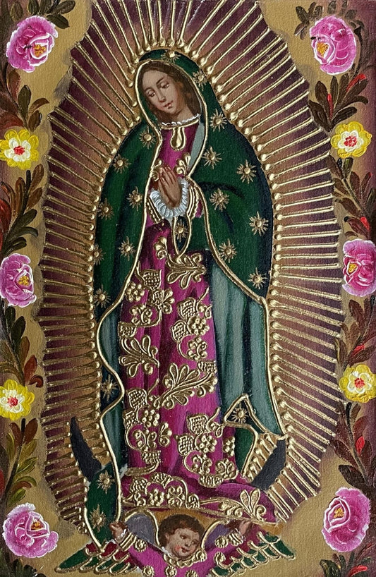 Virgin of Guadalupe Original Painting Oil on Canvas Cusco School 7 3/8 x 11 1/4 CS52512 - Shaman Things