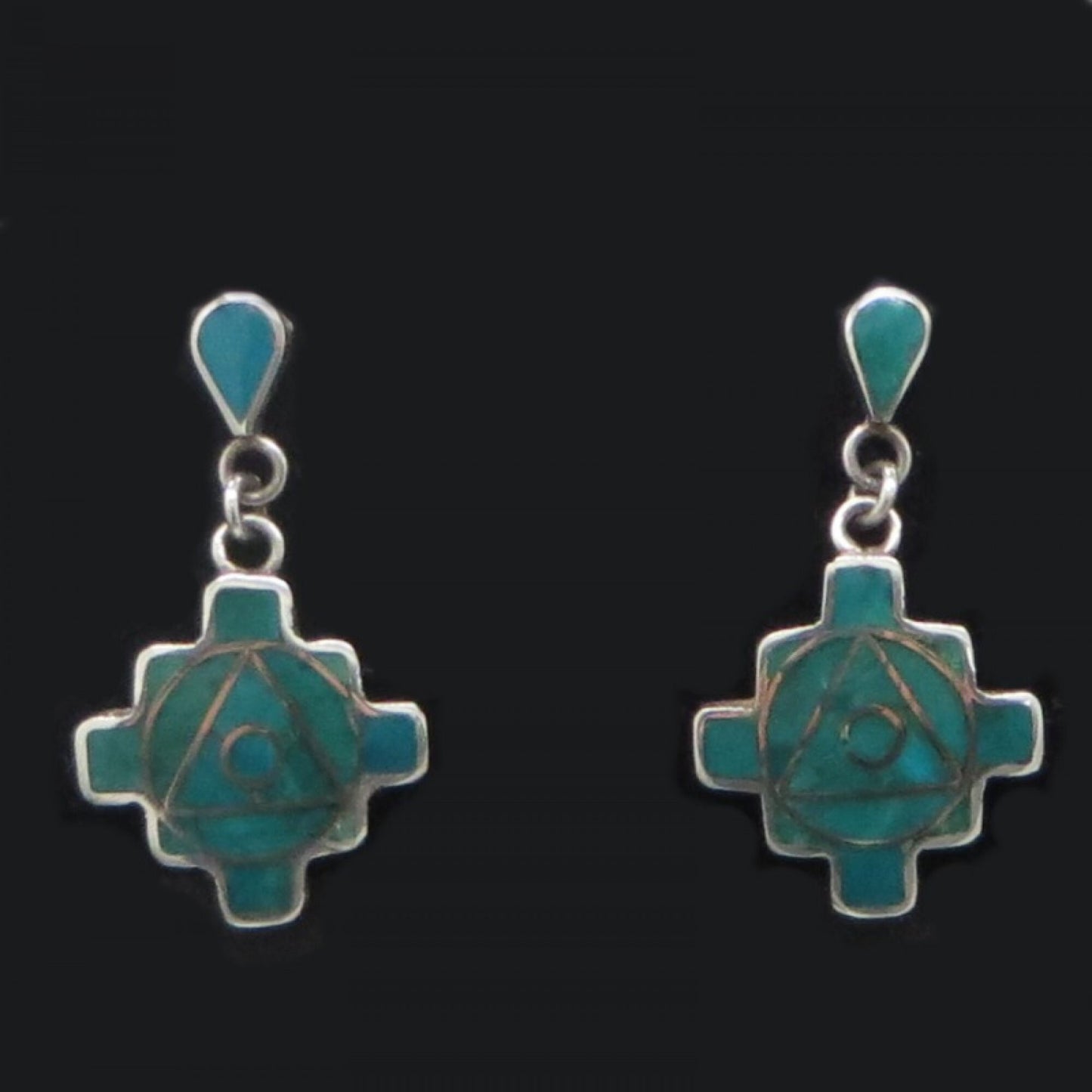 Chakana Post Earrings 950 Silver and Stone Inlay Peru Sacred Valley