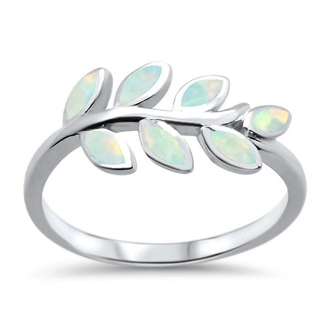 Sterling Silver Leaf Ring with White Opals Size 6 RS7