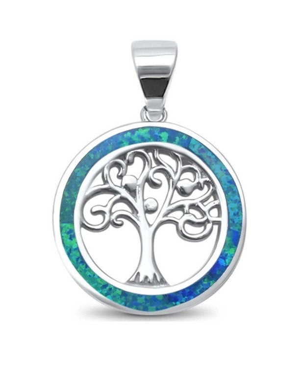 Tree of Life Pendant Sterling Silver with Blue Opal Inlay