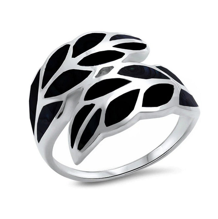 Sterling Silver Leaf Ring Black Onyx Inlay Size 6 RS4
