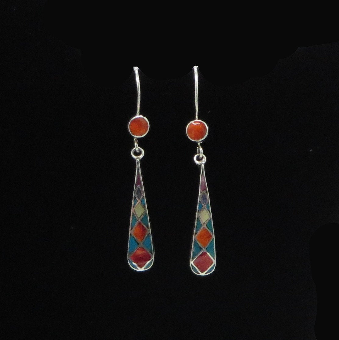 Incan Calendar Earrings 950 Silver and Stone Inlay Peru Sacred Valley EH6