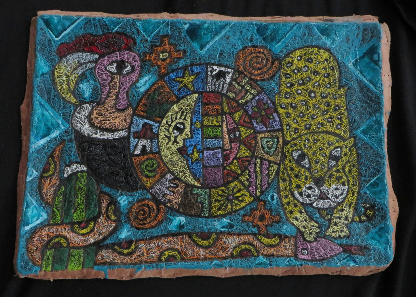 Shaman Painting on Leather Peru Sacred Valley Inca Calendar Condor Jaguar Snake 13 1/2 x 9 1/2