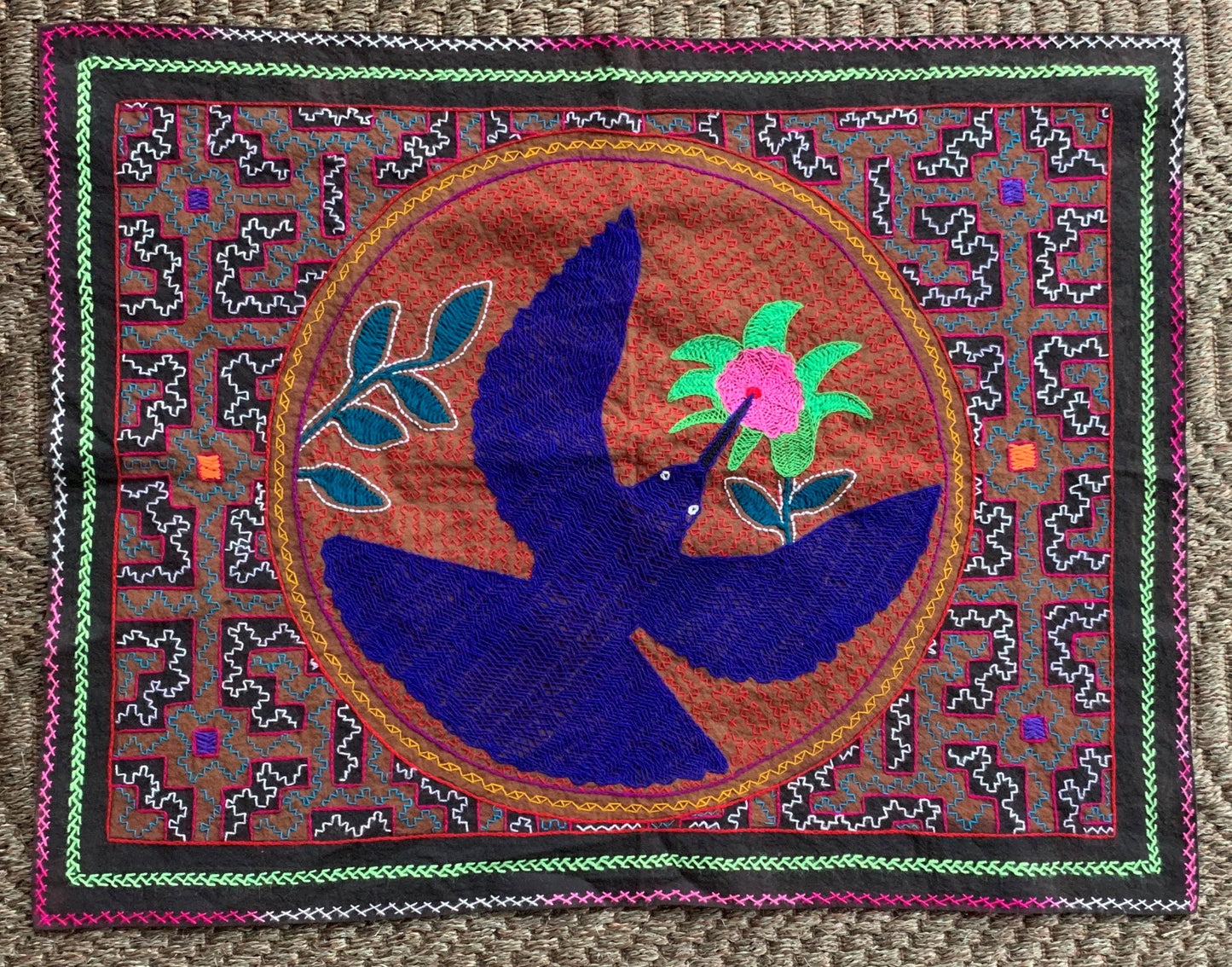 Shipibo Hand Embroidered Tapestry Altar Cloth Ayahuasca Hummingbird 26 3/4 x 21