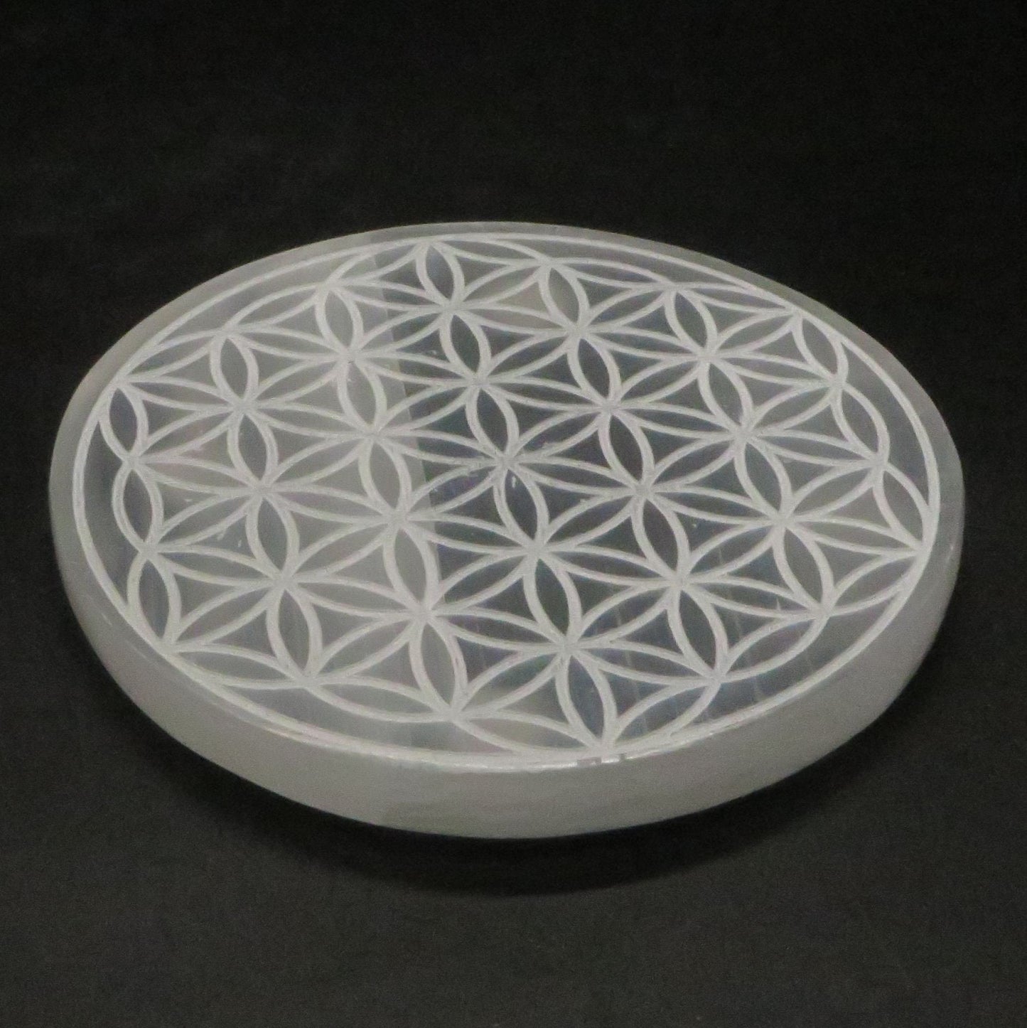 Selenite Flower of Life Etched Charging Plate Crystal Grid 5 1/2" diameter