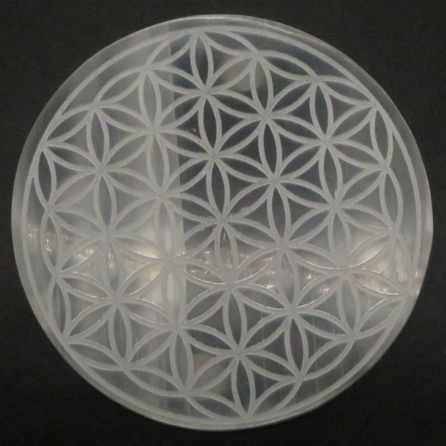Selenite Flower of Life Etched Charging Plate Crystal Grid 5 1/2" diameter