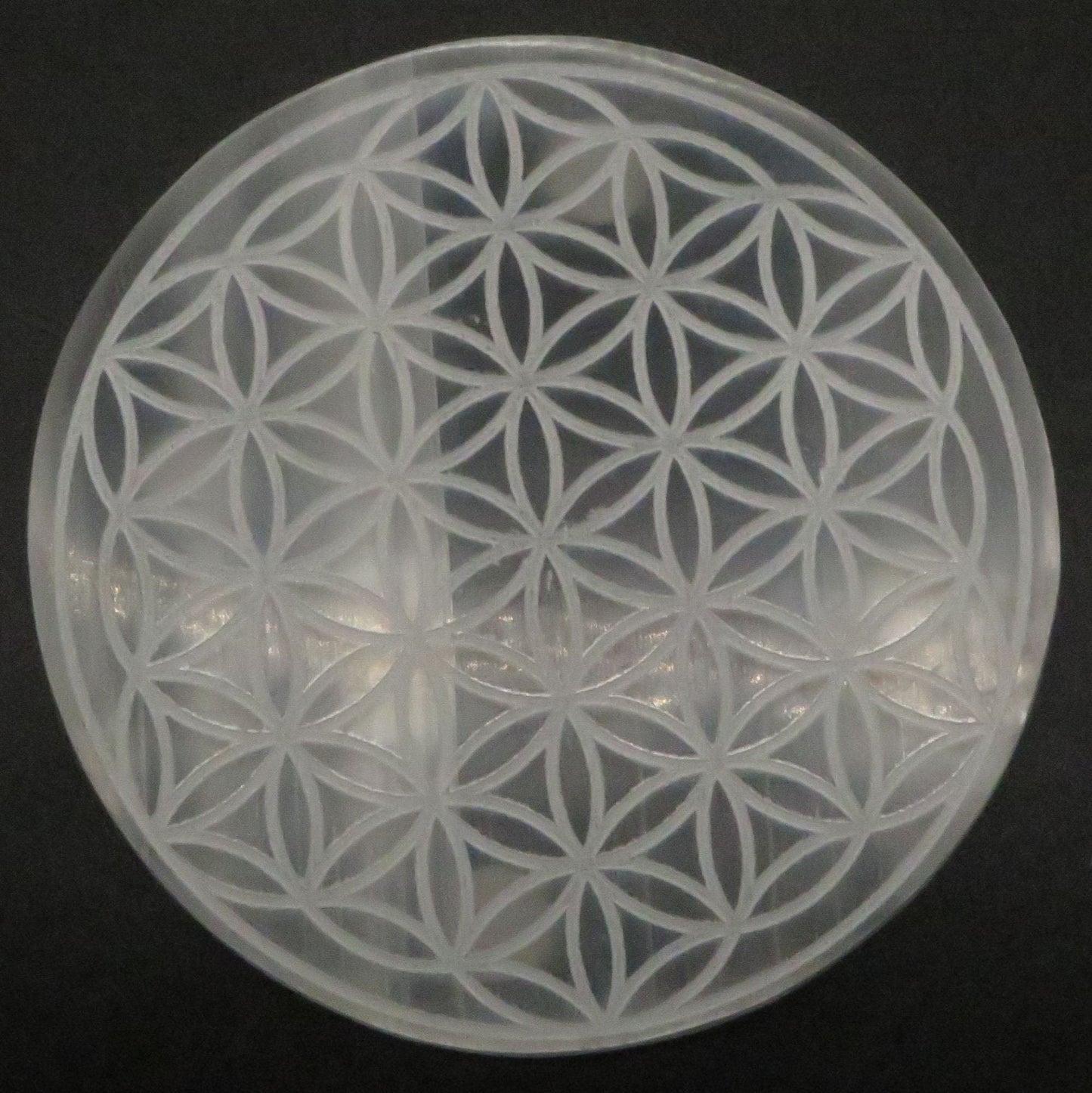 Selenite Flower of Life Etched Charging Plate Crystal Grid 5 1/2" diameter - Shaman Things
