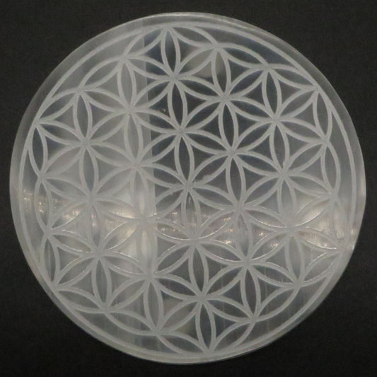 Selenite Flower of Life Etched Charging Plate Crystal Grid 5 1/2" diameter - Shaman Things