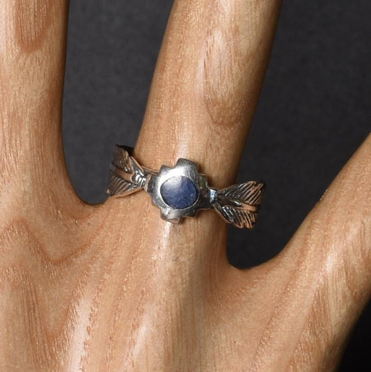 Chakana and feather ring silver Peru Sacred Valley Blue inlay silver band 
