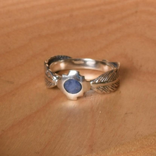 Chakana and feather ring silver Peru Sacred Valley Blue inlay silver band 