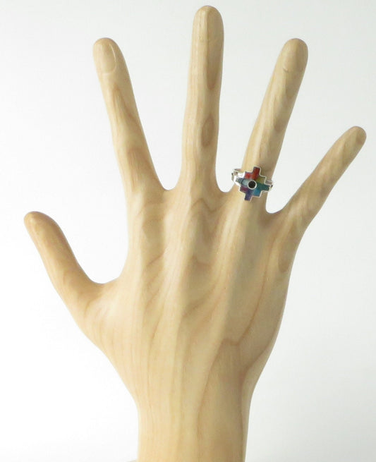 Chakana ring silver Peru Sacred Valley multi color stone inlay silver band