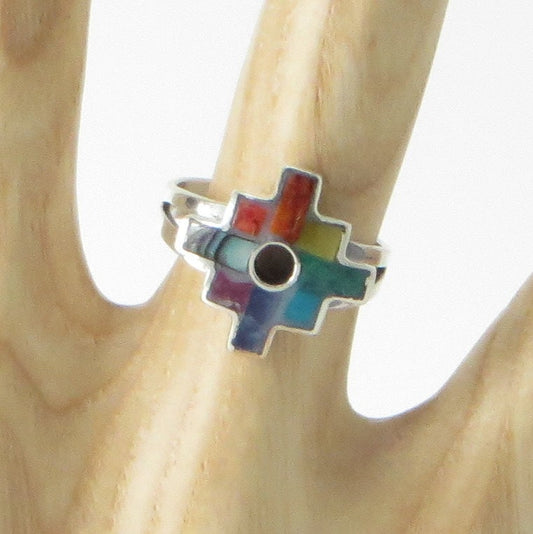 Chakana ring silver Peru Sacred Valley multi color stone inlay silver band 