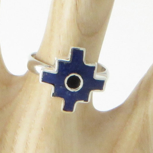 Chakana ring silver Peru Sacred Valley blue stone inlay silver band 