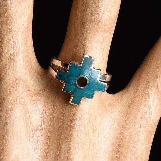 Chakana ring silver Peru Sacred Valley Blue green stone inlay silver band 