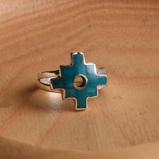 Chakana ring silver Peru Sacred Valley Blue green inlay silver band 