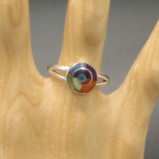 Pachamama Spiral ring silver Peru Sacred Valley multi color stone  inlay silver band 