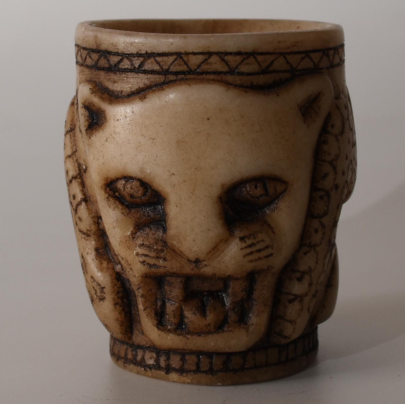Alabaster Caliza Stone Offering Cup Jaguar Condor Snake hand carved Sacred Valley Peru S52509 - Shaman Things