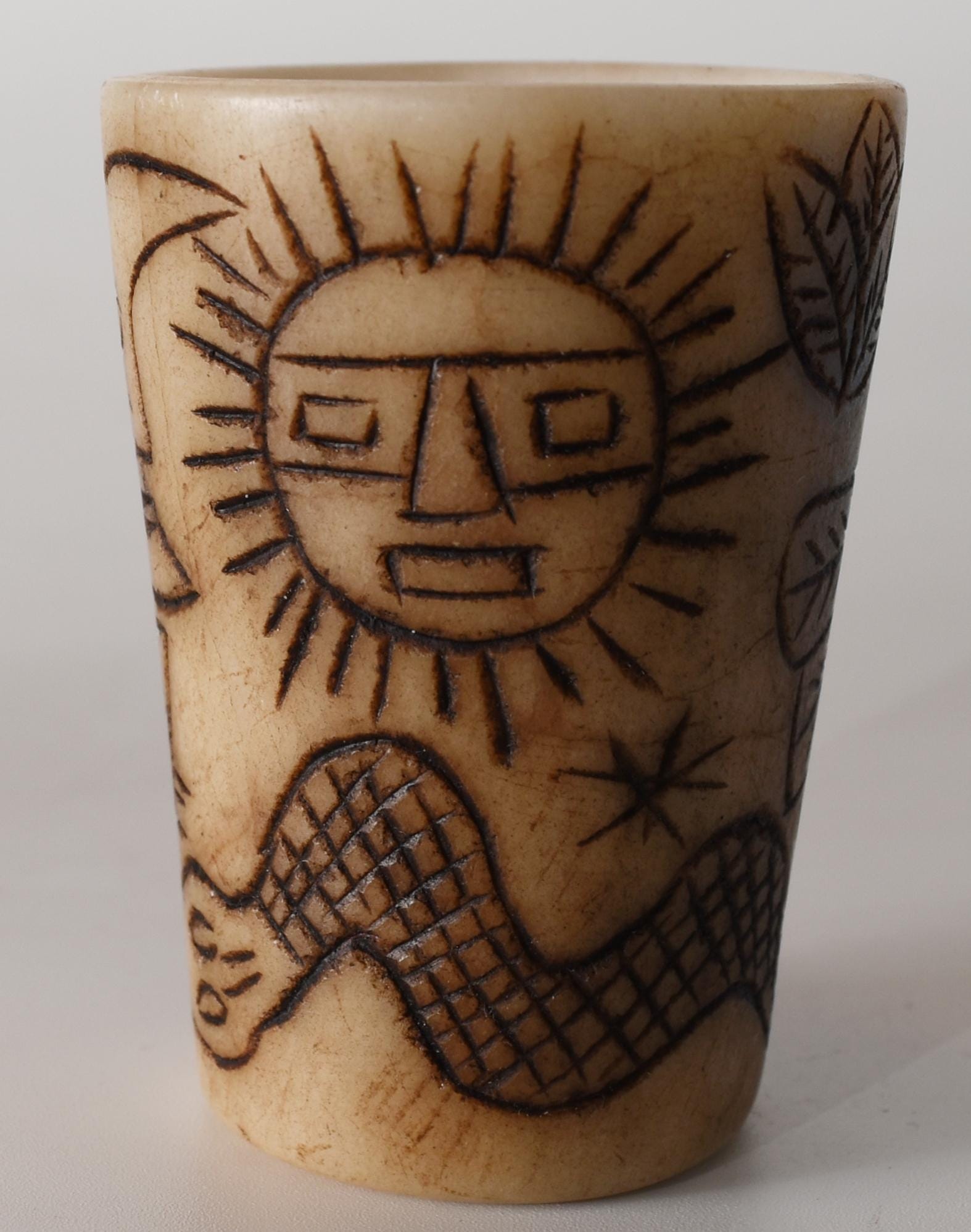 Alabaster Caliza Stone Offering Cup Jaguar Condor Snake hand carved Sacred Valley Peru S52516 - Shaman Things