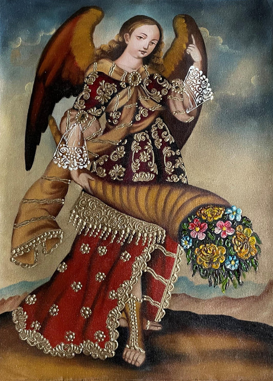 Archangel Gabriel Original Painting Oil on Canvas Cusco School 11 1/2 x 15 1/2 CS52537 - Shaman Things