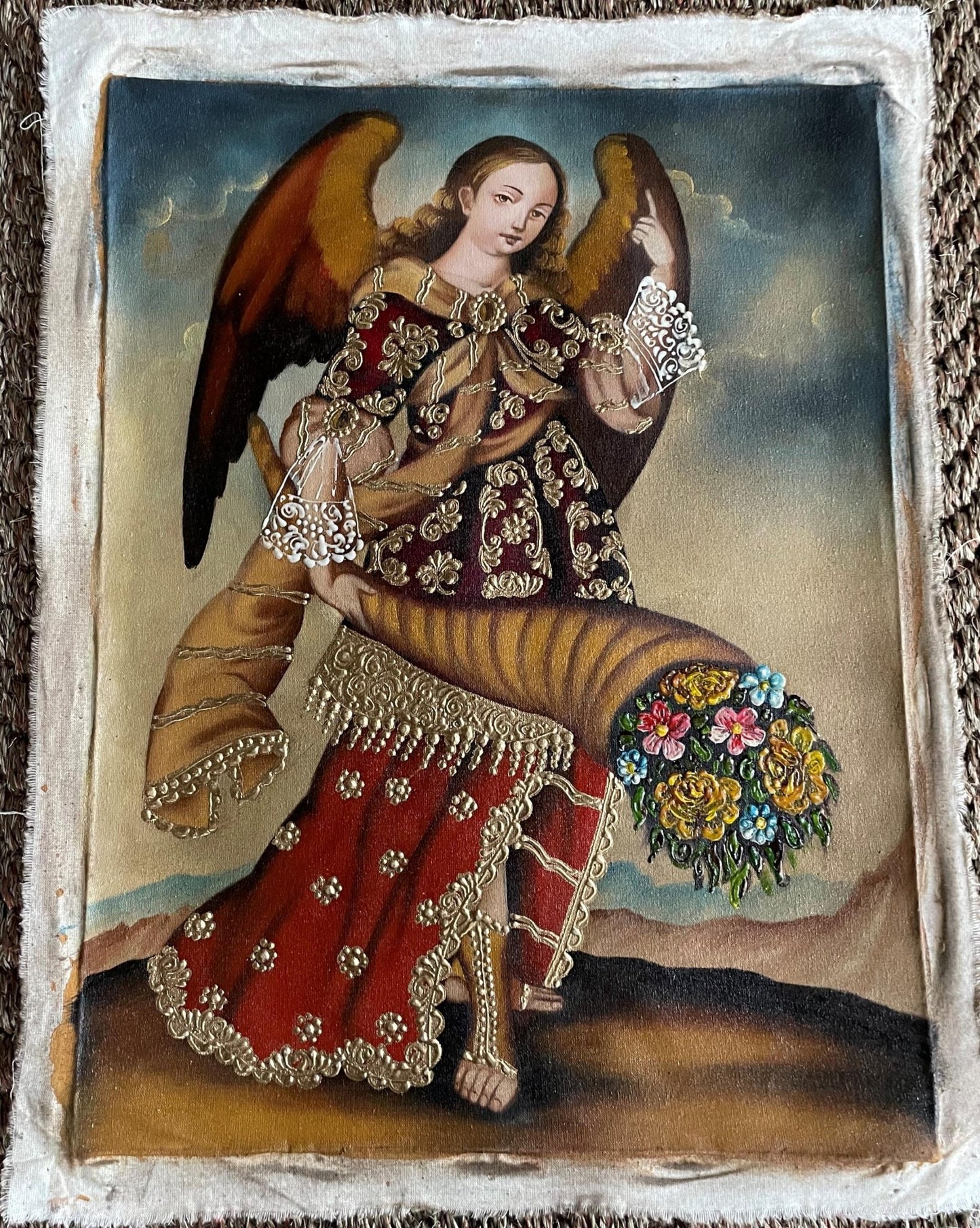 Archangel Gabriel Original Painting Oil on Canvas Cusco School 11 1/2 x 15 1/2 CS52537 - Shaman Things