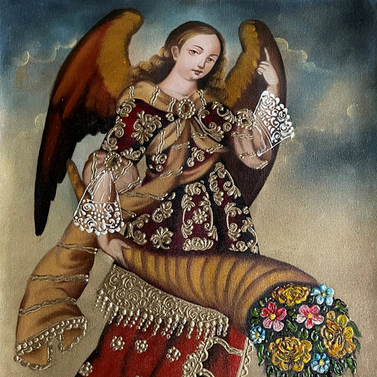 Archangel Gabriel Original Painting Oil on Canvas Cusco School 11 1/2 x 15 1/2 CS52537 - Shaman Things