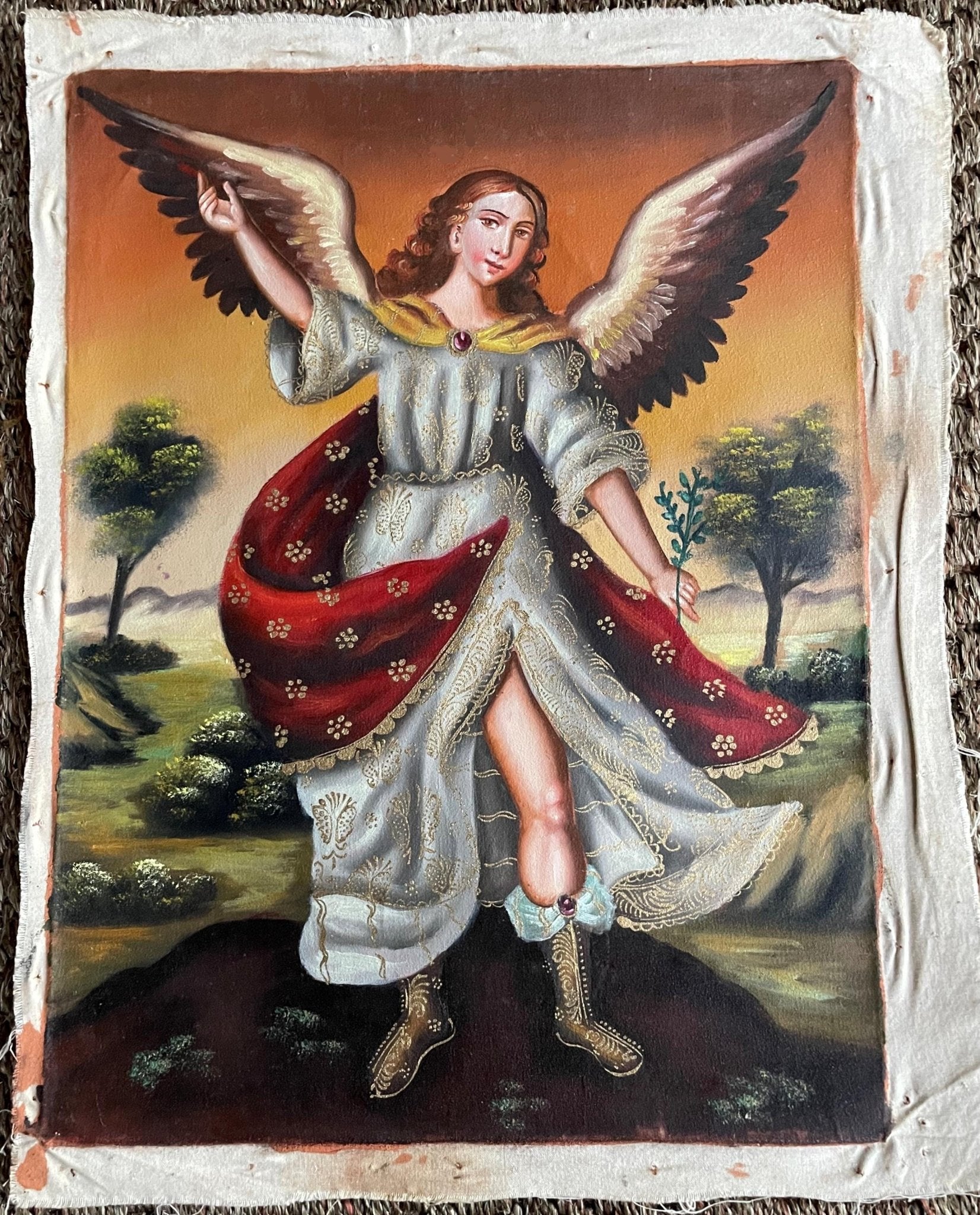 Archangel Gabriel Original Painting Oil on Canvas Cusco School 11 1/2 x 15 1/2 CS52538 - Shaman Things