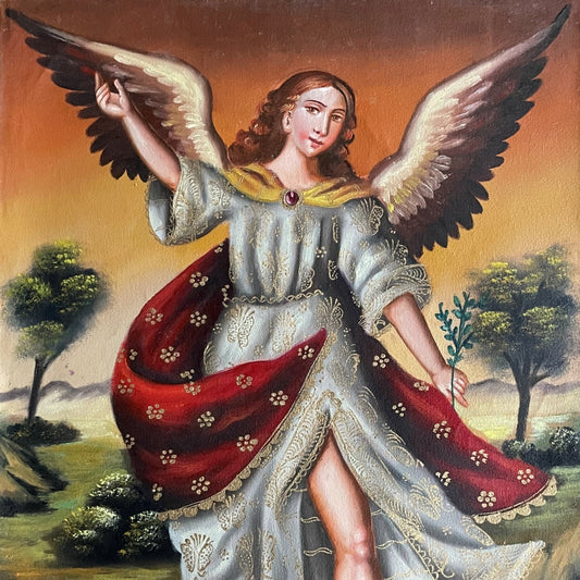 Archangel Gabriel Original Painting Oil on Canvas Cusco School 11 1/2 x 15 1/2 CS52538 - Shaman Things