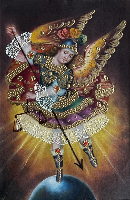Archangel Michael Original Painting Oil on Canvas Cusco School 7 3/8 x 11 1/4 CS52505 - Shaman Things