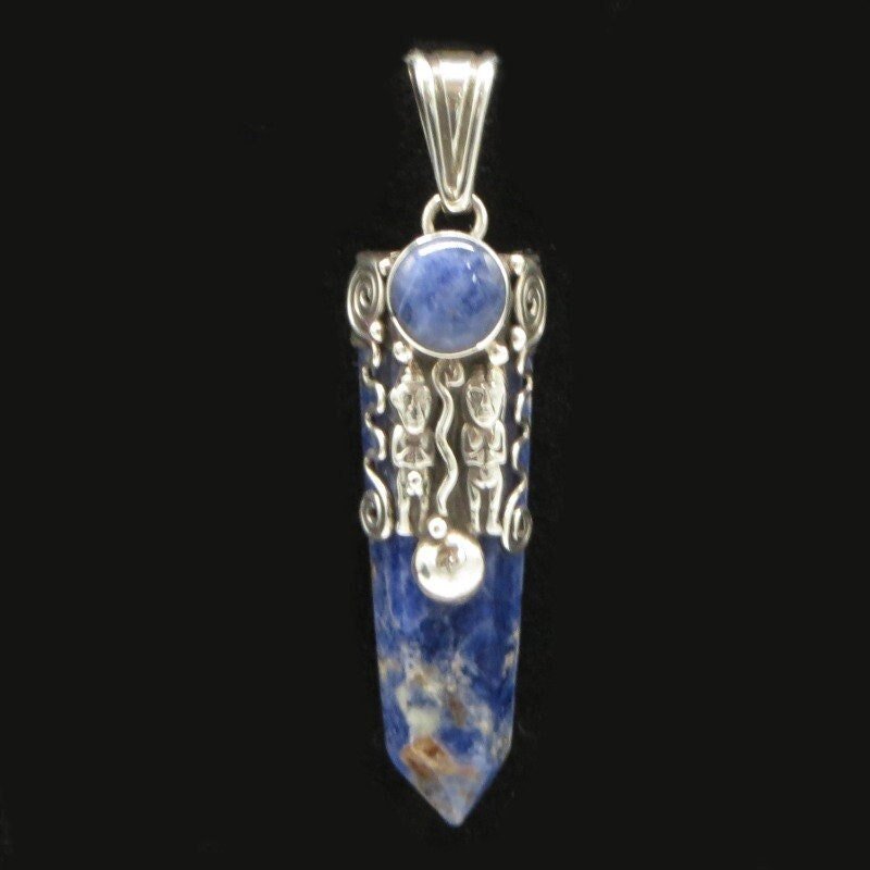 Blue Quartz Point Pendant with Male and Female figures Peru 950 Silver with Stone Inlay Sacred Valley PE415 - Shaman Things