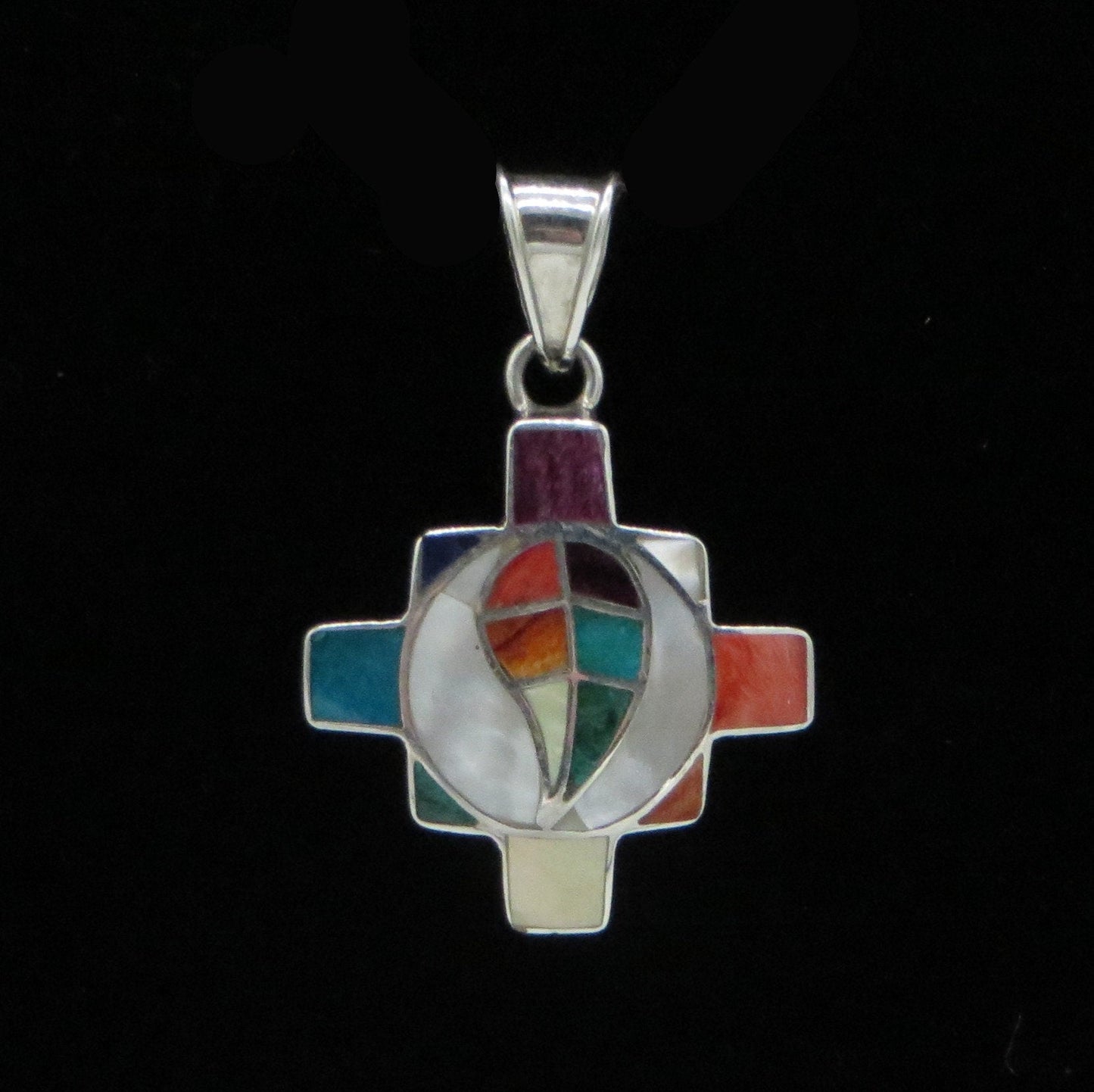 Chakana and Coca Leaf Pendant with Stone and Abalone Inlay Peru 950 Silver Sacred Valley PH11 - Shaman Things