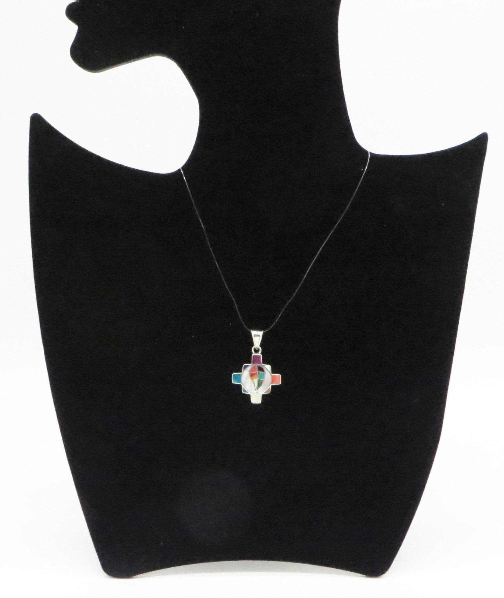 Chakana and Coca Leaf Pendant with Stone and Abalone Inlay Peru 950 Silver Sacred Valley PH11 - Shaman Things