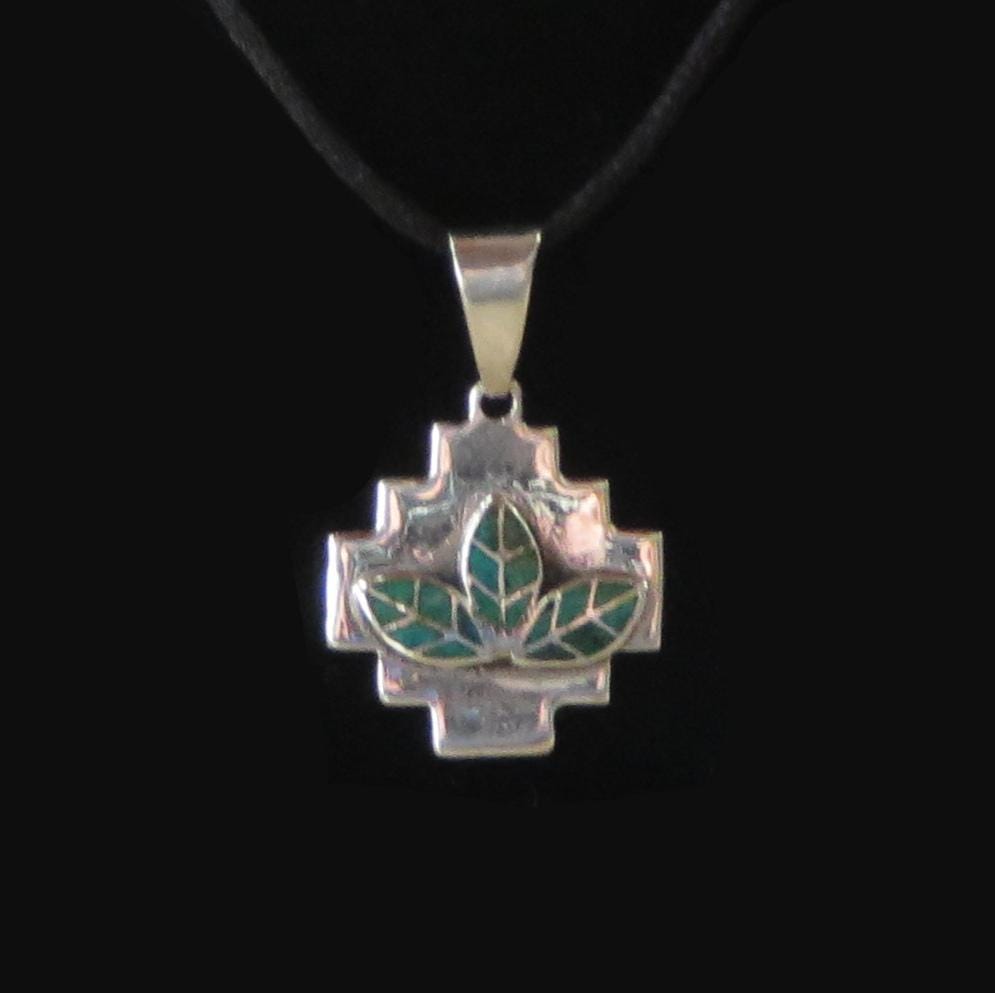 Chakana Coca Leaf Pendant Peru 950 Silver with Stone Inlay Sacred Valley PJVB11 - Shaman Things