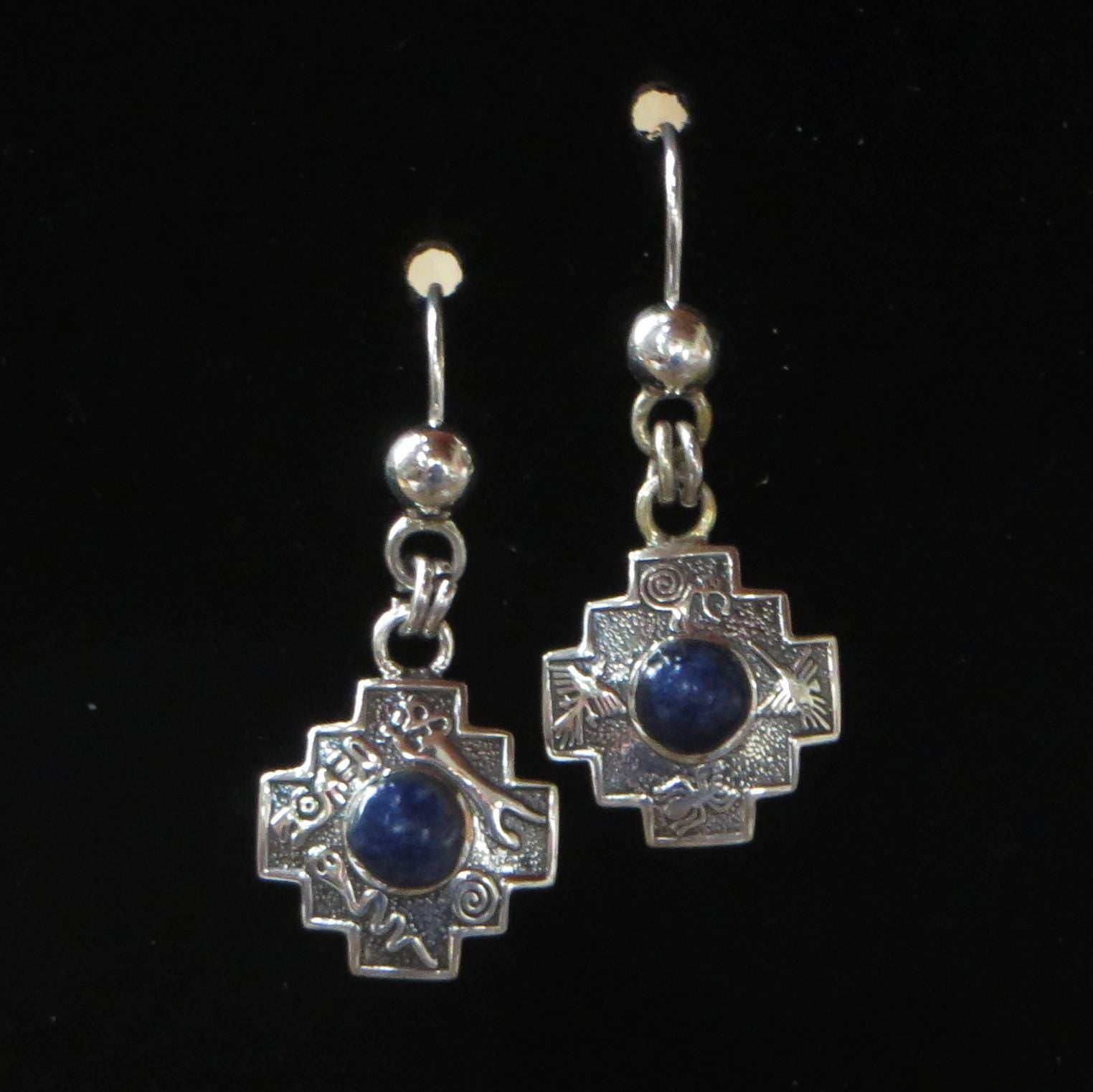 Chakana Earrings 950 Silver with Lapis Lazuli Peru Sacred Valley EJVB8 - Shaman Things