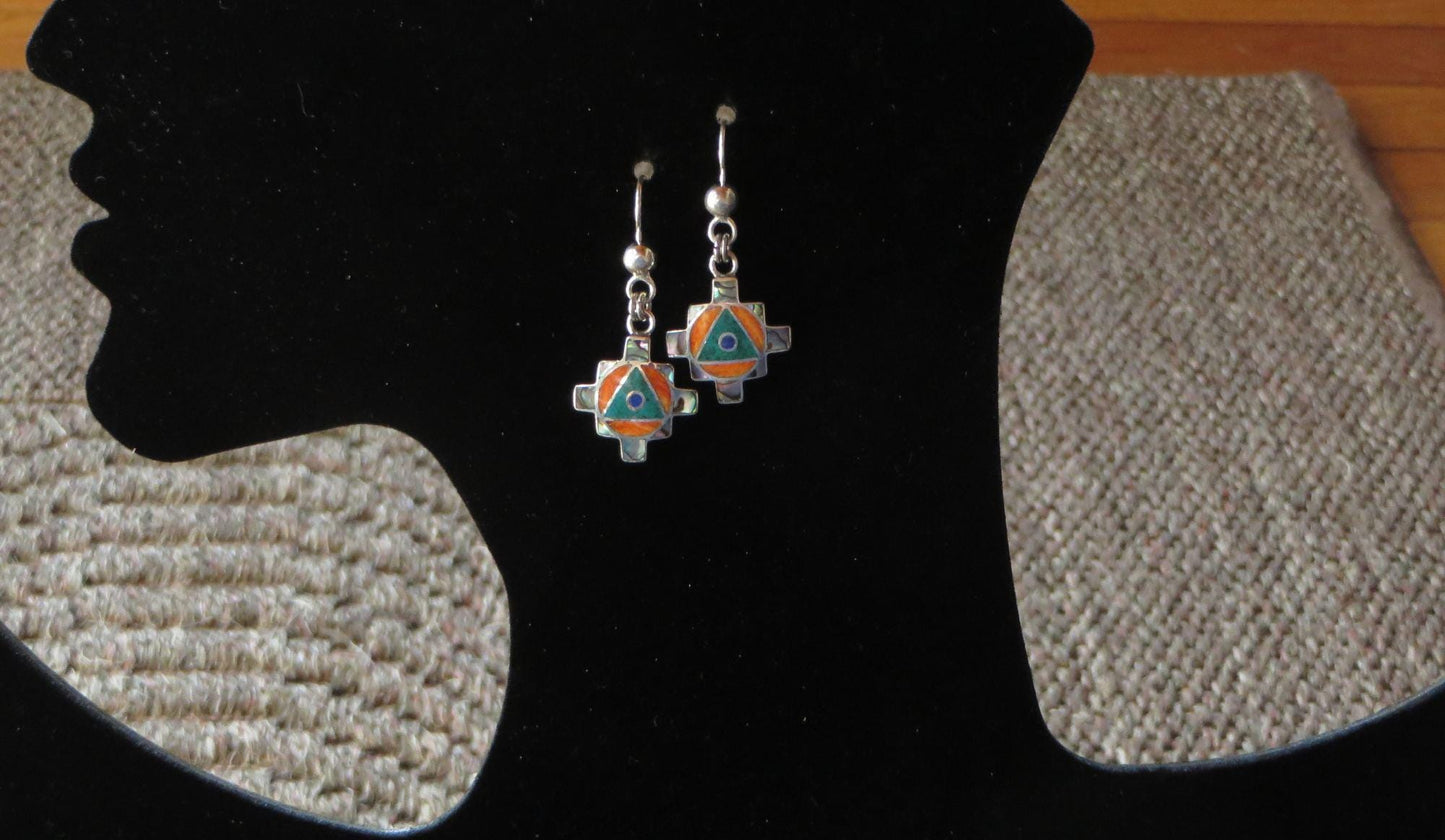 Chakana Earrings 950 Silver with Stone and Abalone Inlay Peru Sacred Valley EJVB14 - Shaman Things