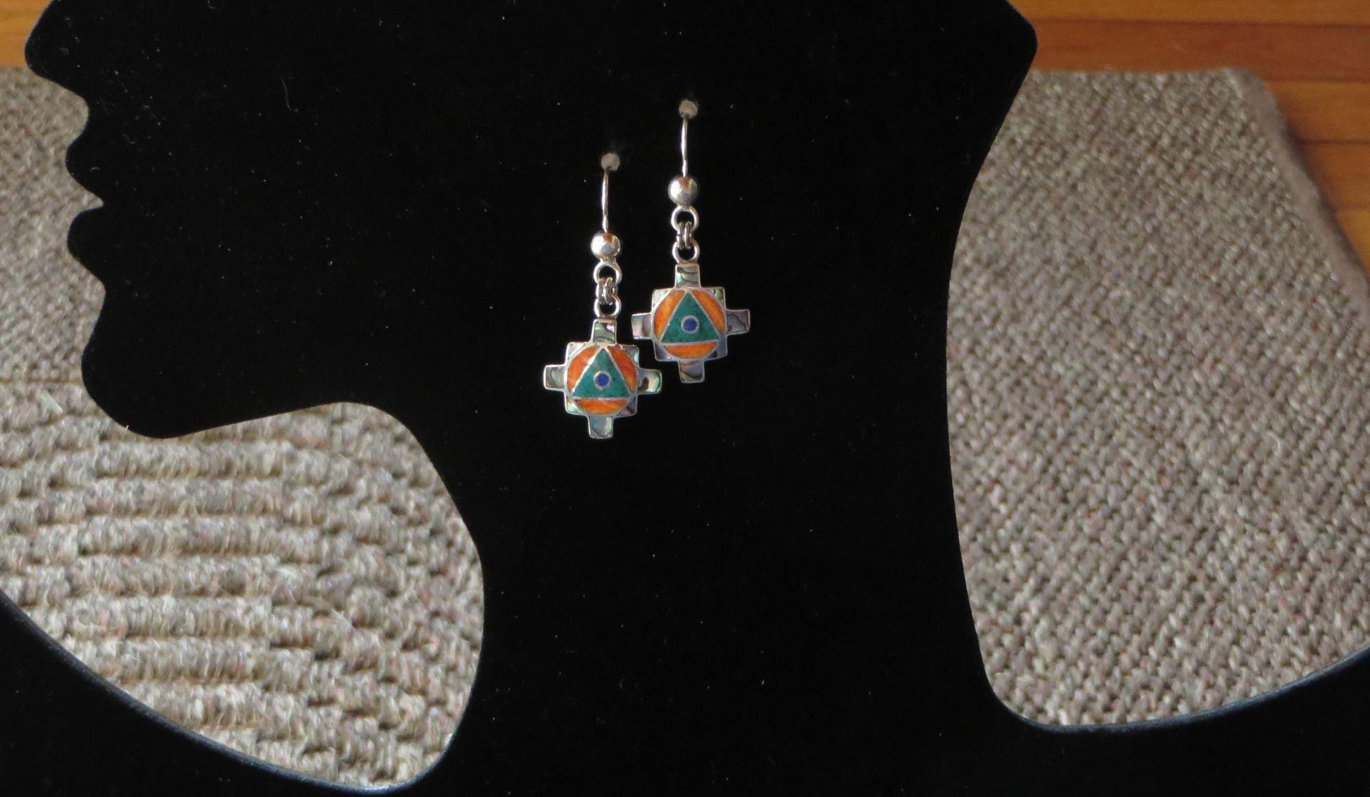 Chakana Earrings 950 Silver with Stone and Abalone Inlay Peru Sacred Valley EJVB14 - Shaman Things