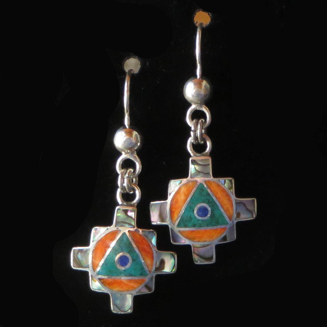 Chakana Earrings 950 Silver with Stone and Abalone Inlay Peru Sacred Valley EJVB14 - Shaman Things