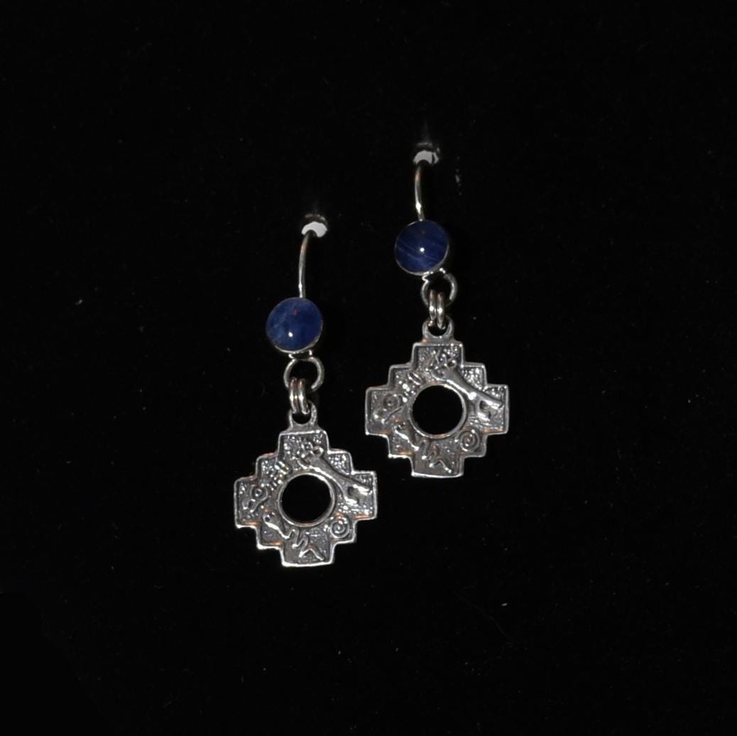 Chakana Earrings Jaguar Snake Condor 950 Silver with Bezel Set Stone Peru Sacred Valley E52507 - Shaman Things