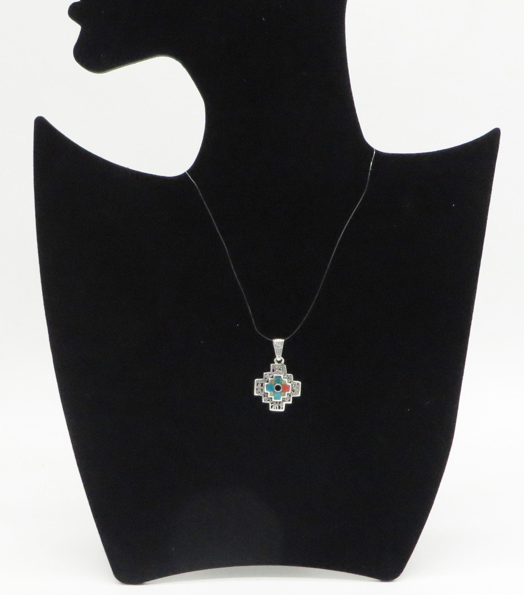 Chakana Pendant with Stone Inlay and Open Work 950 Silver Sacred Valley Peru PH15 - Shaman Things