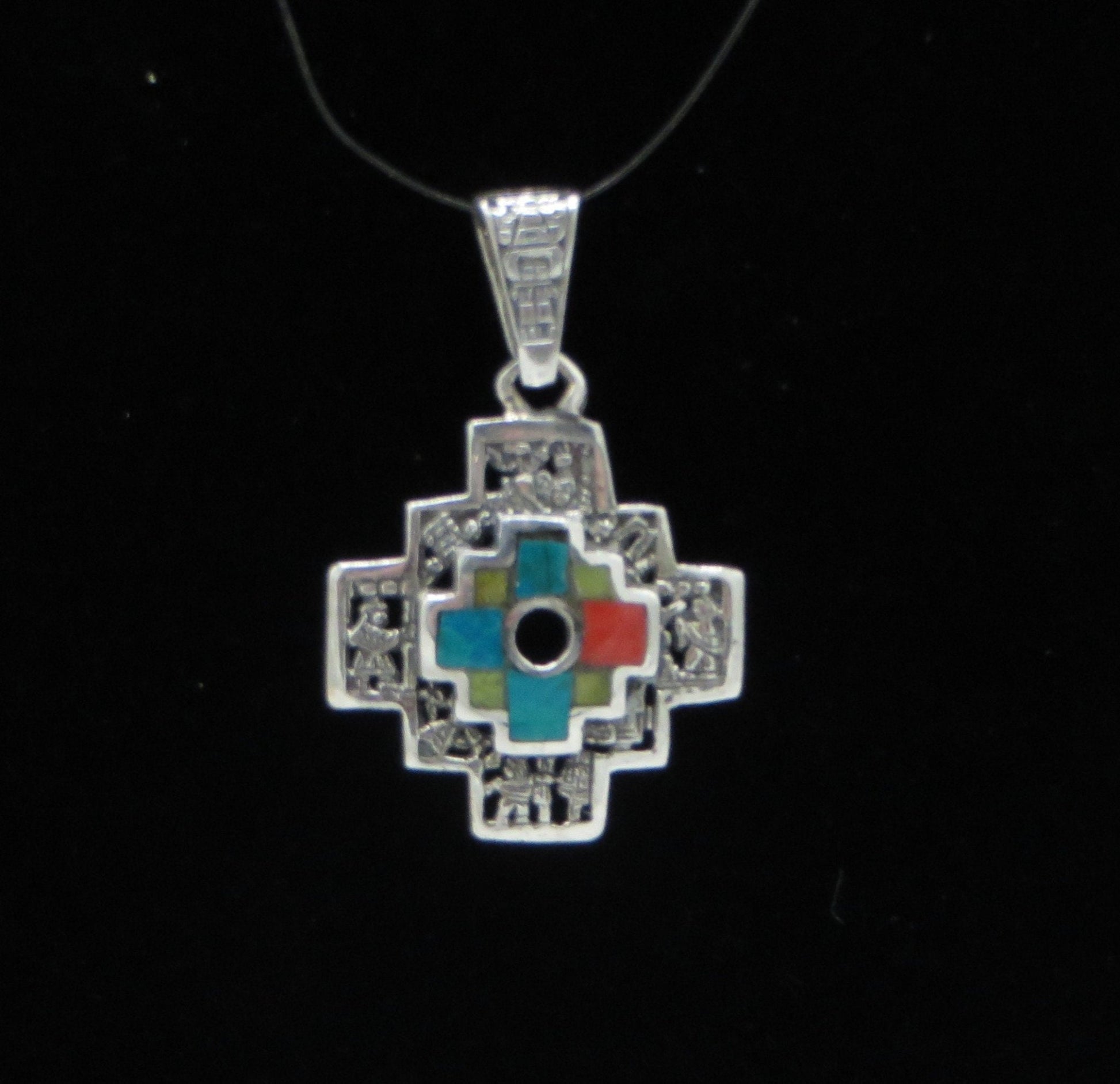 Chakana Pendant with Stone Inlay and Open Work 950 Silver Sacred Valley Peru PH15 - Shaman Things