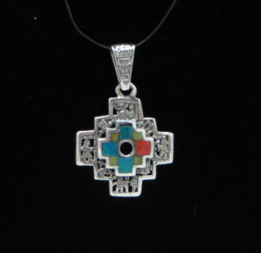 Chakana Pendant with Stone Inlay and Open Work 950 Silver Sacred Valley Peru PH15 - Shaman Things