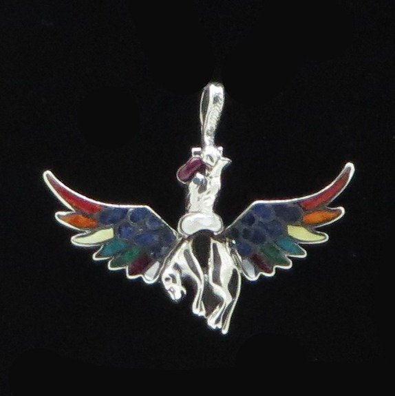 Condor Jaguar Pendant Seven Chakras Silver and Stone Inlay Peru 950 Silver Sacred Valley PJV19 - Shaman Things