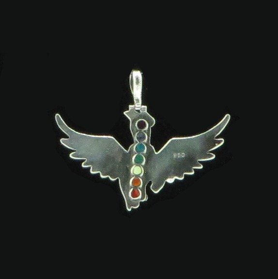 Condor Jaguar Pendant Seven Chakras Silver and Stone Inlay Peru 950 Silver Sacred Valley PJV19 - Shaman Things