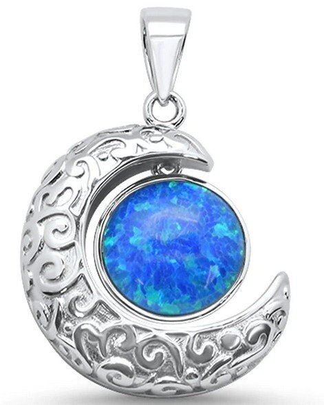 Crescent Moon Pendant Sterling Silver with Created Opal PSJ4 - Shaman Things